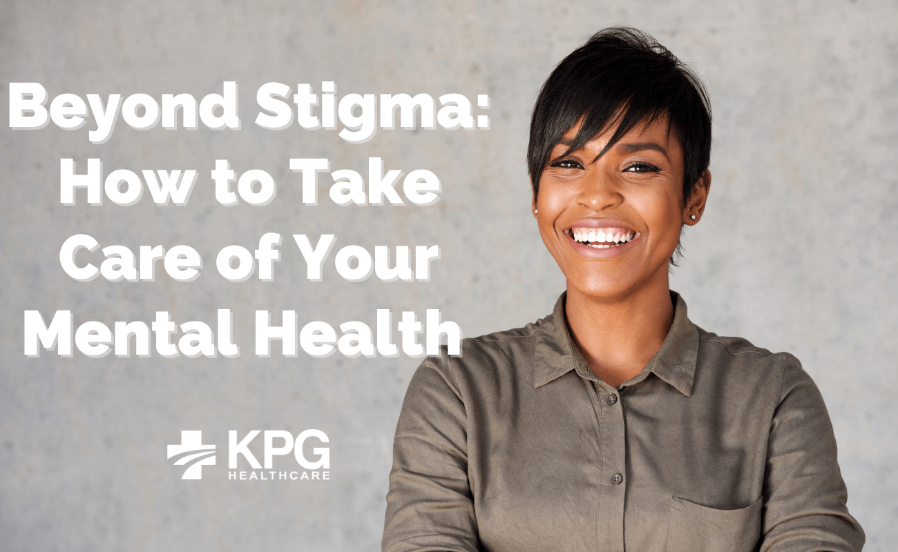 Gray bachground with an African American woman smiling at the camera. on the left of her are the words "Beyond Stigma: How to Take Care of Your Mental Health".